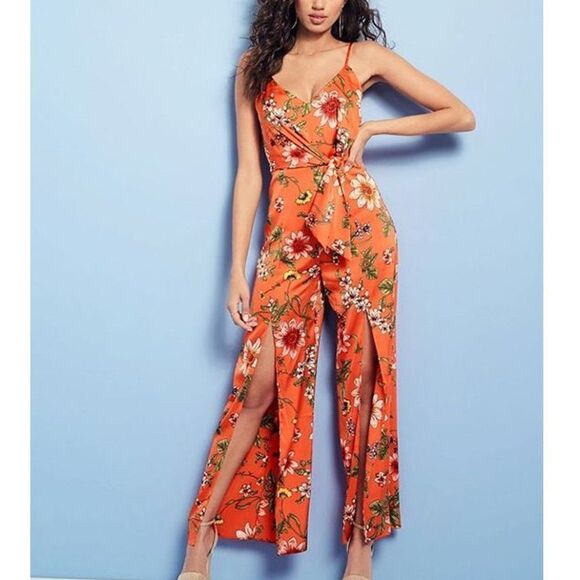 Guess Sleeveless Spaghetti Strap Coral Red Floral Jumpsuit Beach Women's 8 - Picture 12 of 12